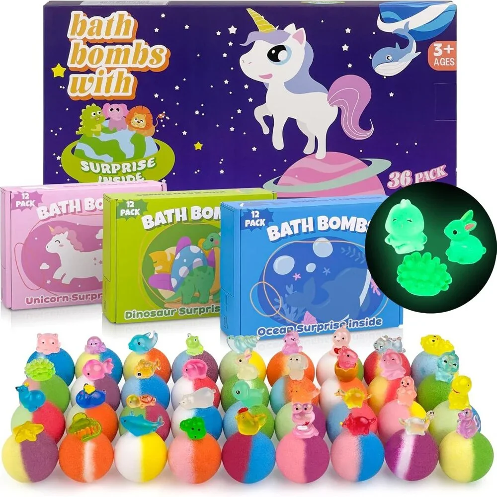 Bath Bombs for Kids with Toy Inside, 36 Pcs Bath Bombs with Glow in The Dark Din